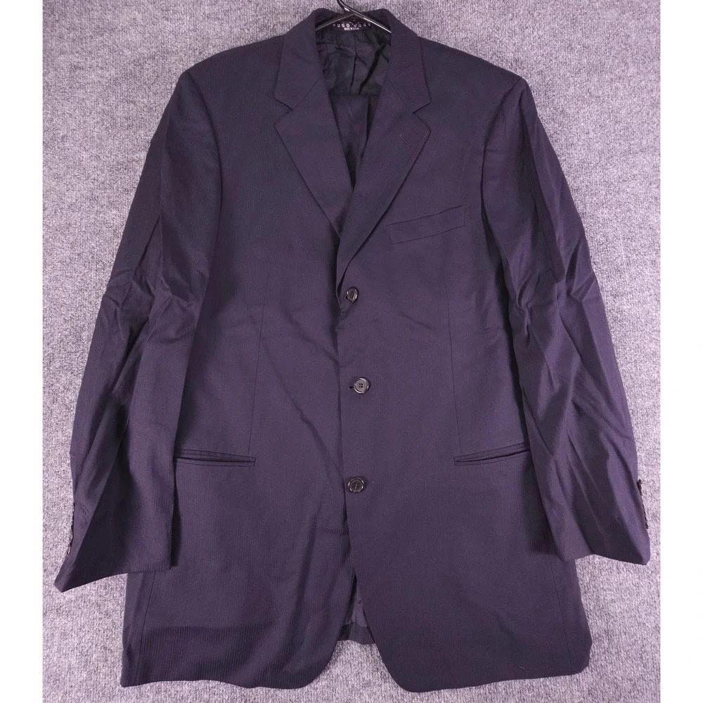 Hugo Boss‎ Suit Mens 42L Navy Blue 3 Button 100% Wool Canvas Pants 38x33 Pleated
